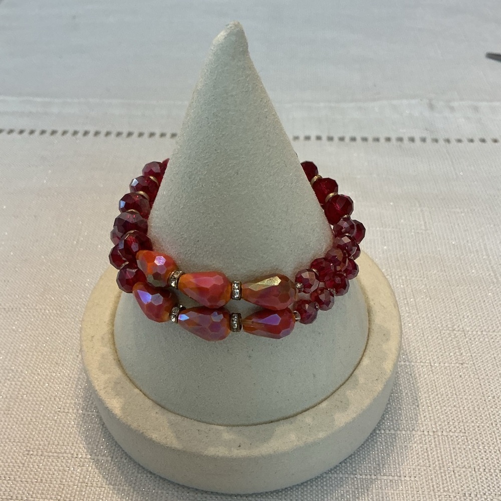 Ruby Red Iridescent Rhinestone Silver Tone Stretch Bracelets